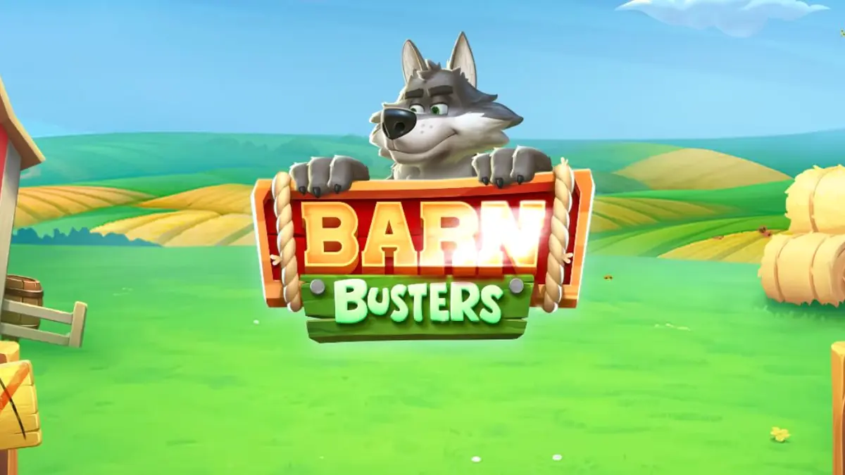 Cenário rústico de fazenda com o lobo e a roda de prêmios em Barn Busters