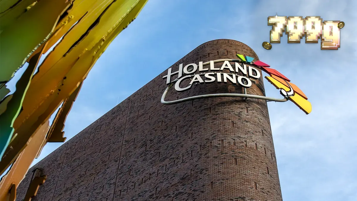 Fachada do Holland Casino e elementos de jogos online